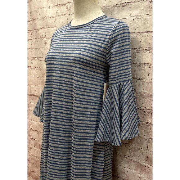 LuLaRoe Maurine Ruffle Midi Shift Dress Gray Blue Striped Stretch Knit Size XS - Picture 3 of 4